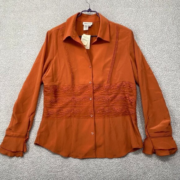 Coldwater Creek Blouse Womens Large Terra Cotta Semi-Sheer Lace Long Sleeve NWT - Picture 1 of 9
